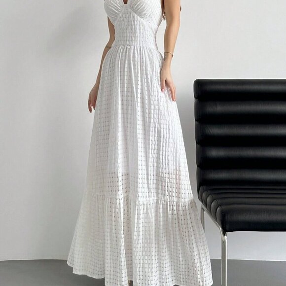 White Sexy Women's Romantic Date Halter Neck Plaid Dress - Picture 3 of 5